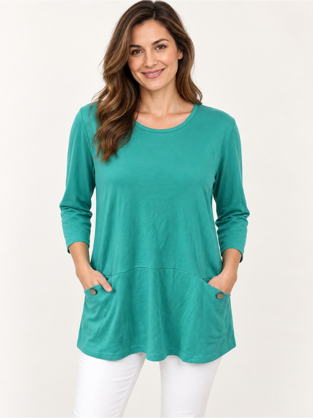 NEW BLAIR Women’s Turquoise 3/4 Sleeve Cotton Blend Button Pocket Tunic Top S